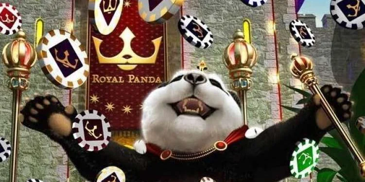 Royal Panda mascot under a shower of casino chips at the palace gates