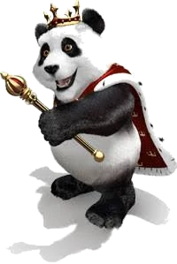 Crowned Royal Panda mascot holding a sceptre