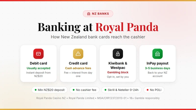Banking at Royal Panda card: debit usually accepted, credit card cash advance fees, Kiwibank and Westpac gambling blocks, InPay payouts in 3–5 business days